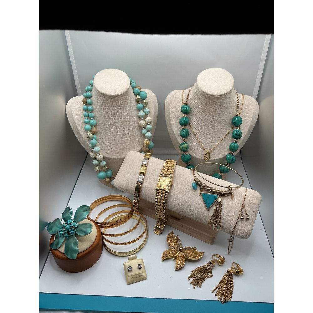 Womens Jewelry Lot Turquoise Gold Tone Beaded Necklaces Watch Brooches Earrings